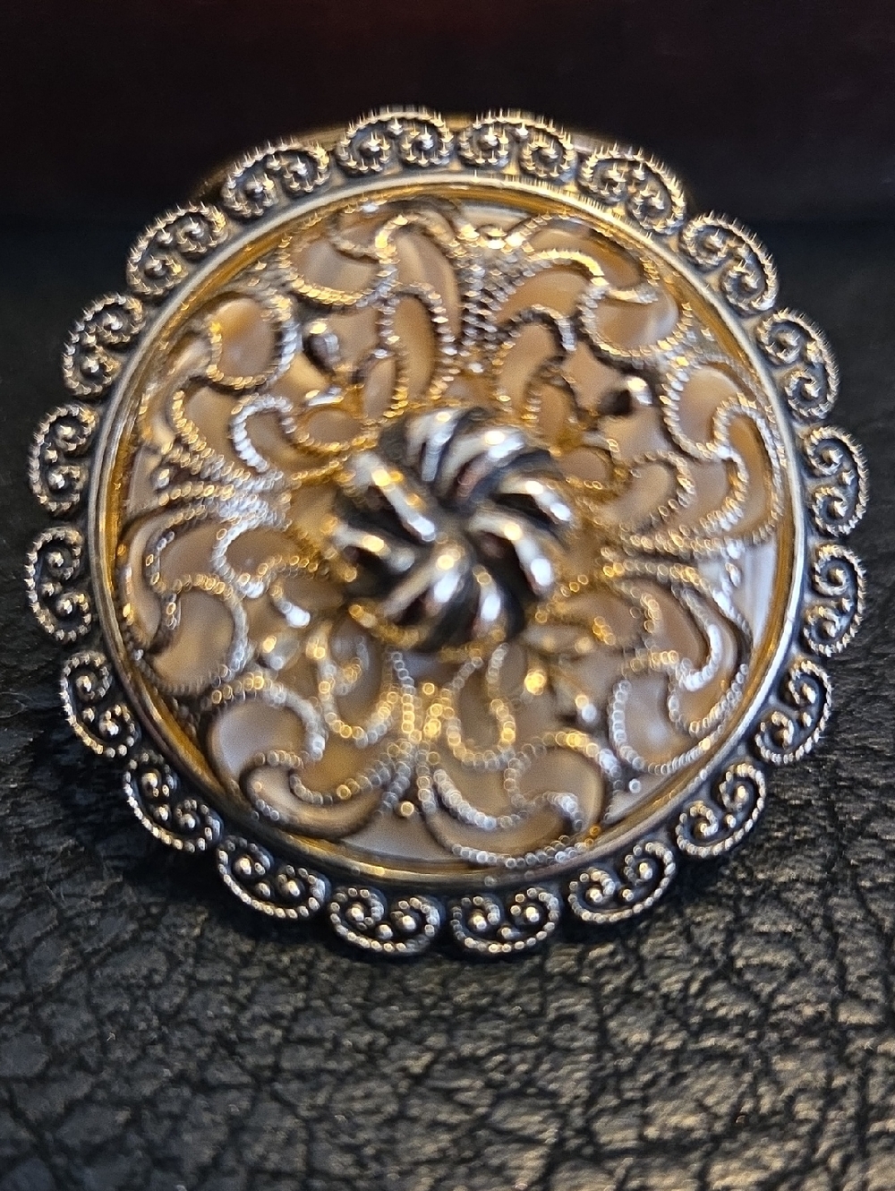 1960's W. Germany Ornate Filigree Scarf Clip in Gold-tone With Mother Of Pearl